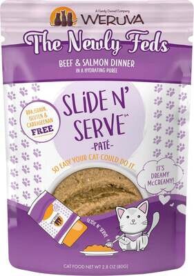 Weruva Slide N' Serve Grain Free The Newly Feds Beef & Salmon Dinner Wet Cat Food Pouch 2.8-oz, case of 12