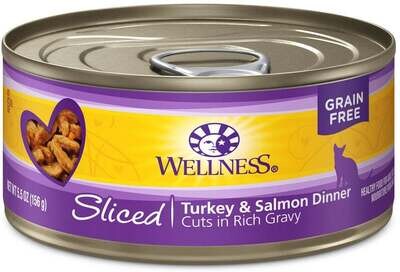 Wellness Grain Free Natural Sliced Turkey and Salmon Dinner Wet Canned Cat Food 5.5-oz, case of 24
