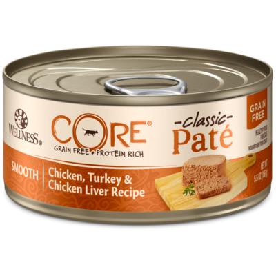 Wellness CORE Grain Free Natural Chicken, Turkey and Chicken Liver Smooth Pate Wet Canned Cat Food 3-oz