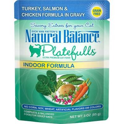 Natural Balance Platefulls Indoor Grain Free Turkey Salmon and Chicken in Gravy Pouch Wet Cat Food 3-oz, case of 24