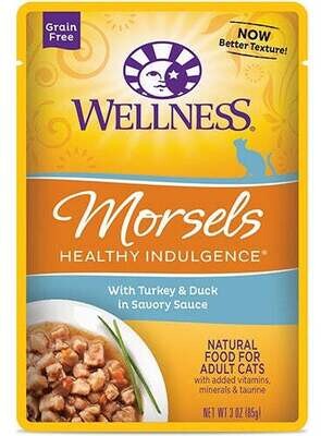 Wellness Healthy Indulgence Natural Grain Free Morsels with Turkey and Duck in Savory Sauce Cat Food Pouch 3-oz, case of 24