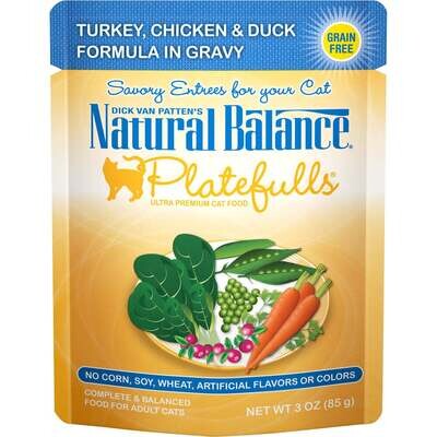 Natural Balance Platefulls Regular Grain Free Turkey Chicken and Duck in Gravy Pouch Wet Cat Food 3-oz, case of 24