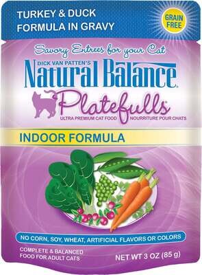 Natural Balance Platefulls Indoor Turkey and Duck Formula in Gravy Pouch Wet Cat Food 3-oz, case of 24
