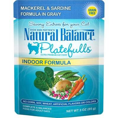 Natural Balance Platefulls Indoor Grain Free Mackerel and Sardine in Gravy Pouch Wet Cat Food 3-oz, case of 24
