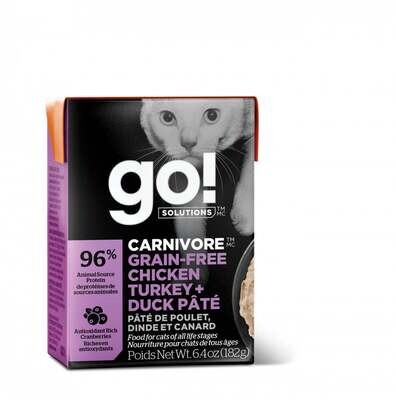 Petcurean Go! Carnivore Grain Free Chicken, Turkey & Duck Pate Wet Cat Food 6.4-oz, case of 24