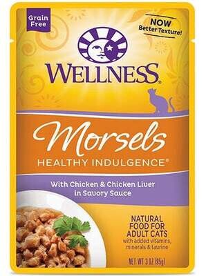 Wellness Healthy Indulgence Natural Grain Free Morsels with Chicken and Chicken Liver in Savory Sauce Cat Food Pouch 3-oz, case of 24