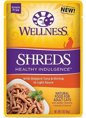 Wellness Healthy Indulgence Natural Grain Free Shreds with Tuna and Shrimp in Light Sauce Cat Food Pouch 3-oz, case of 24