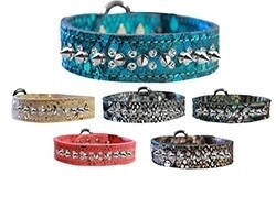 Double Clear Crystal and Silver Spike Dragon Skin Genuine Leather Dog Collar