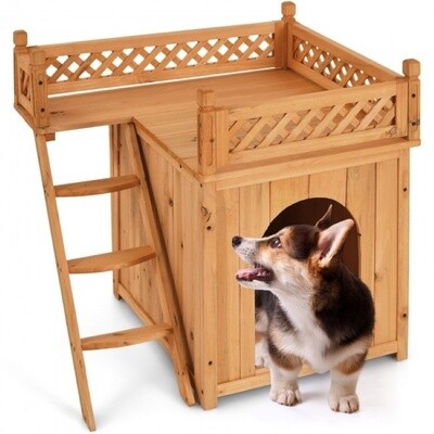 Wood Pet House with Roof Balcony and Bed Shelter - Ultimate Outdoor Comfort