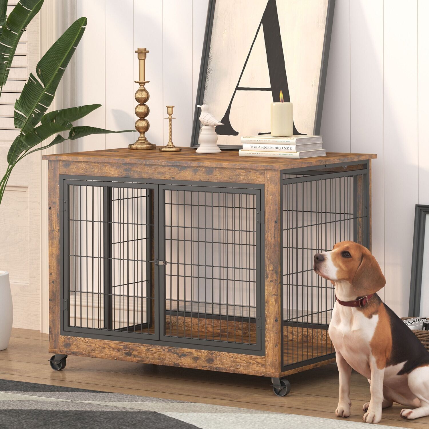 Rustic Brown Furniture Dog Cage Crate with Double Doors: Style and Function Combined