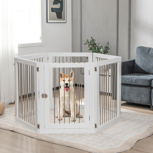 Versatile 6-Panel White Dog Gate with Support Feet - No Drilling Required