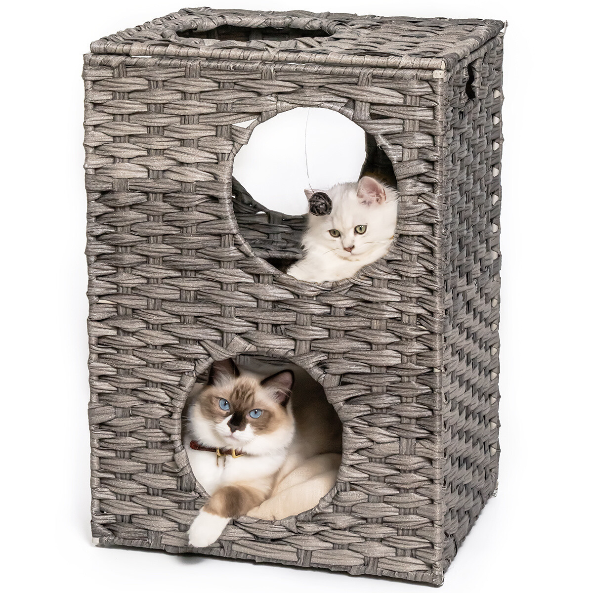 Versatile Grey Rattan Cat Litter & Bed with Interactive Features