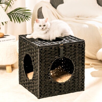 Versatile Black Rattan Cat Litter & Bed with Cooling Comfort