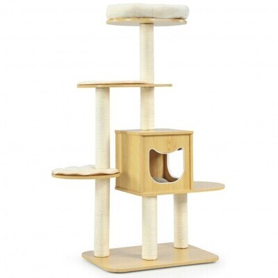 4 Levels Modern Wood Cat Tower with Washable Mats - Stylish Feline Retreat