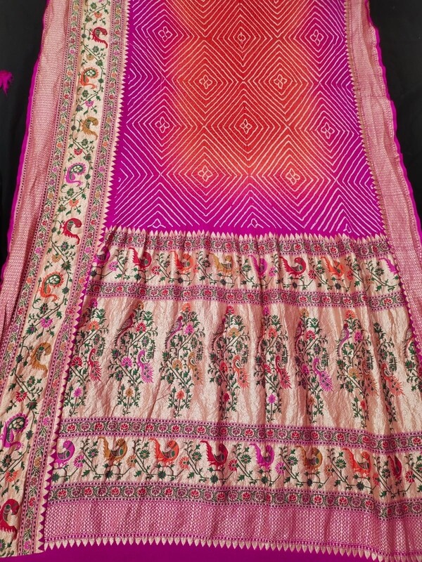 Pure georgette banarsi border Bandhej saree