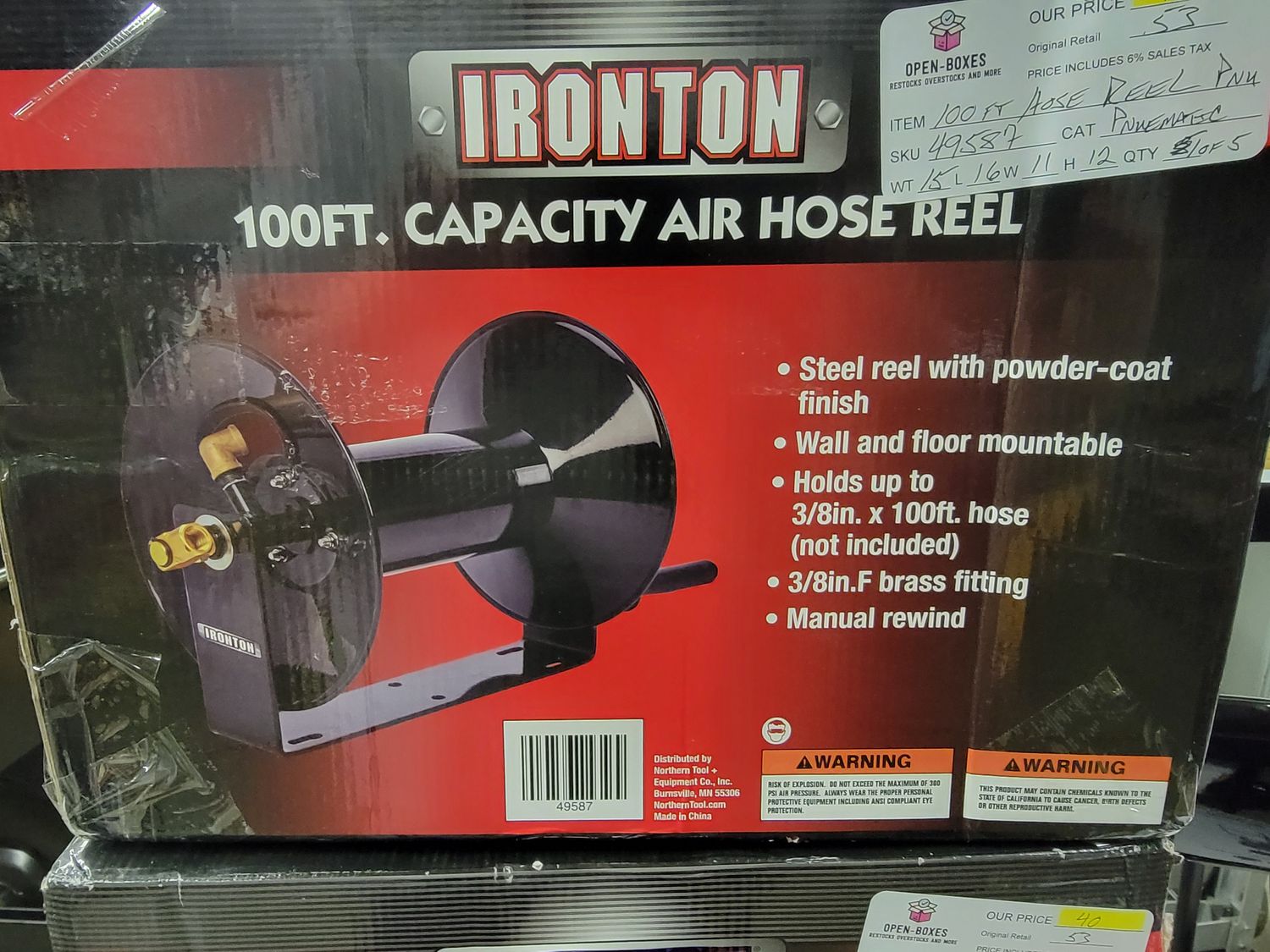Air Hose Reel, Holds 3/8in. x 100ft. Hose, Max. 300 PSI Item
