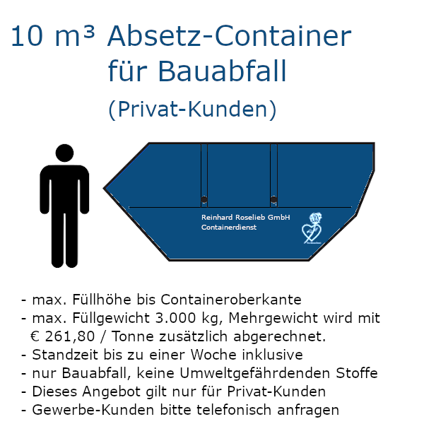 10 m³ Absetz-Mulde für Baumischabfall (Privat-Kunden) 10 m³ Absetz-Mulde für Baumischabfall (Privat-Kunden)