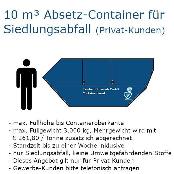 10 m³ Absetz-Mulde für Siedlungsabfall (Privat-Kunden) 10 m³ Absetz-Mulde für Siedlungsabfall (Privat-Kunden)