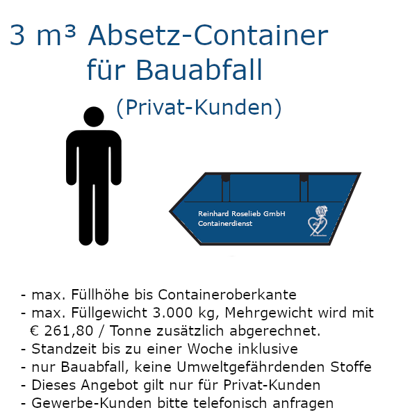 3 m³ Absetz-Mulde für Baumischabfall (Privat-Kunden) 3 m³ Absetz-Mulde für Baumischabfall (Privat-Kunden)