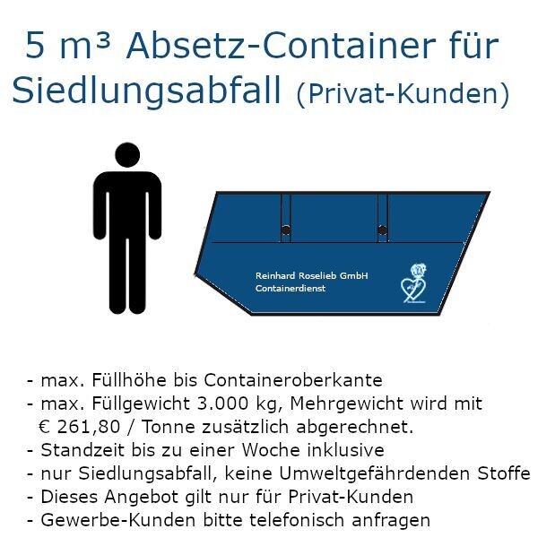 5 m³ Absetz-Mulde für Siedlungsabfall (Privat-Kunden) 5 m³ Absetz-Mulde für Siedlungsabfall (Privat-Kunden)