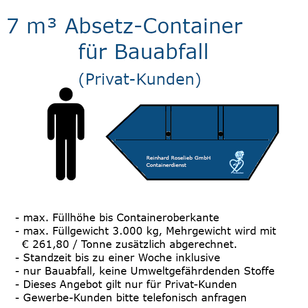 7 m³ Absetz-Mulde für Baumischabfall (Privat-Kunden) 7 m³ Absetz-Mulde für Baumischabfall (Privat-Kunden)