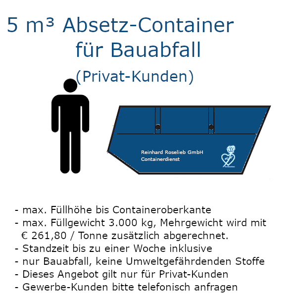 5 m³ Absetz-Mulde für Baumischabfall (Privat-Kunden) 5 m³ Absetz-Mulde für Baumischabfall (Privat-Kunden)