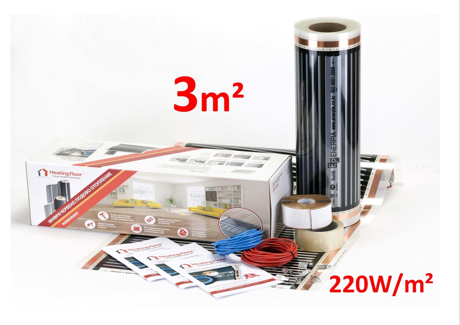 3m² BASIC KIT 220W/m², width 50, 80 and 100cm, Underfloor Heating Film for Laminate & Wood
