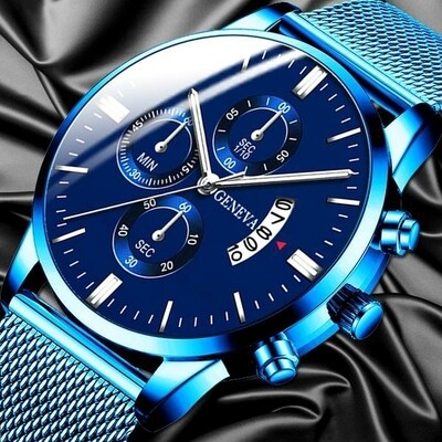 Men&#39;s Fashion Business Luxury Blue Stainless Steel Mesh Belt Analog Quartz Watch