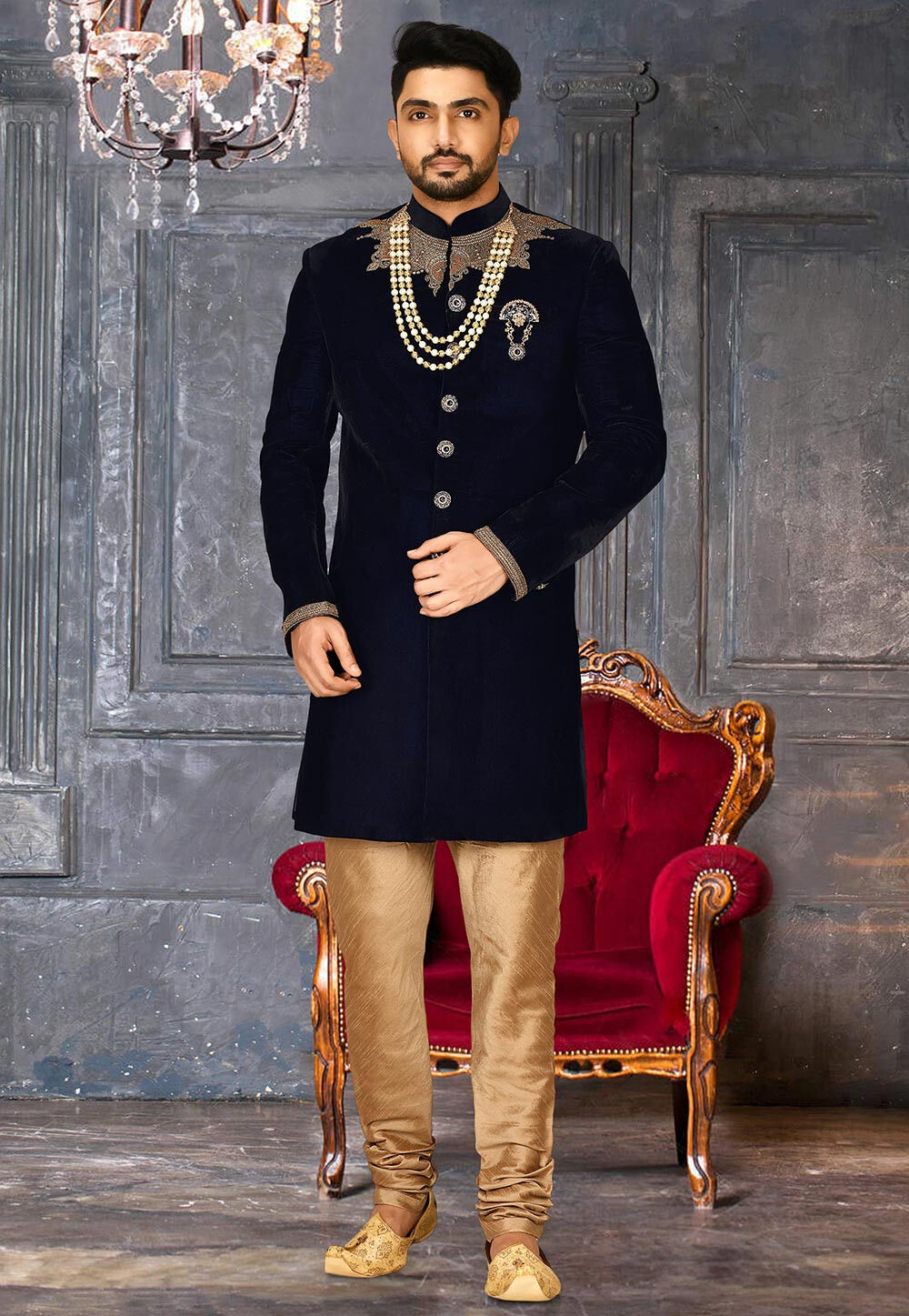 Navy Blue Velvet Sherwani