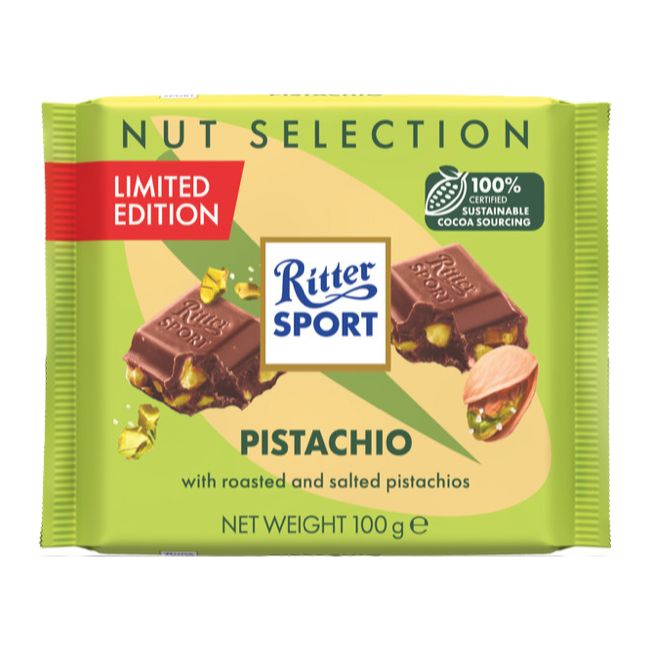 RITTER SPORT MILK CHOCOLATE WITH PISTACHIOS 100g Bar (Product of Germany) RITTER SPORT MILK CHOCOLATE WITH PISTACHIOS 100g Bar (Product of Germany)