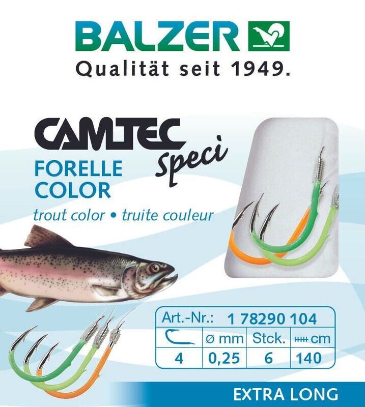 Balzer forel onderlijnen 60 cm of 140 cm met gekleurde fluo haken 6 stuks per verpakking