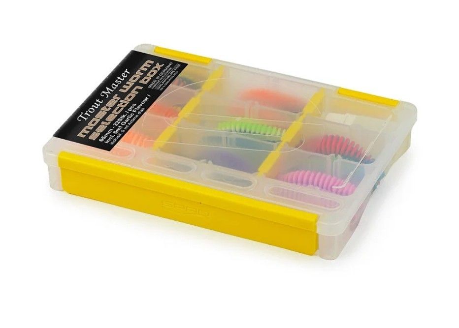 32 delige Box Spro Trout Master worm 65 mm incl. 5 ml knoflook concentraat 32 delige Box Spro Trout Master worm 65 mm incl. 5 ml knoflook concentraat