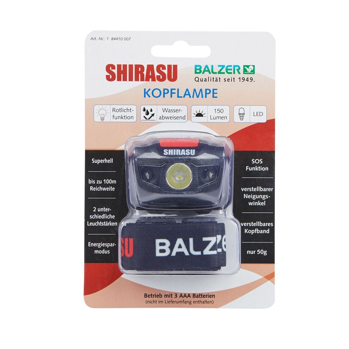 Balzer Shirasu koplamp LED 150 lumen met SOS functie
