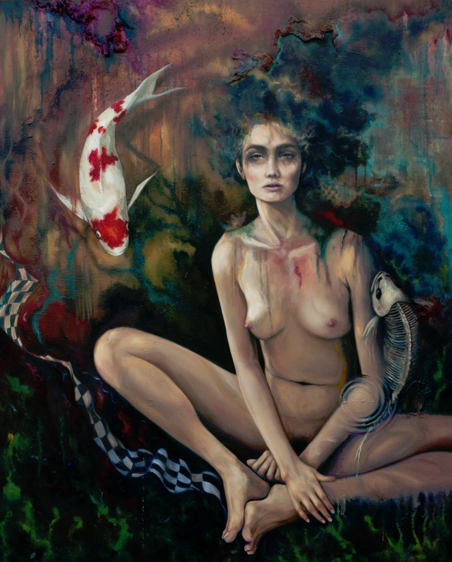 &quot;Girl with Koi&quot; Mixed Media Embellished Original Print
