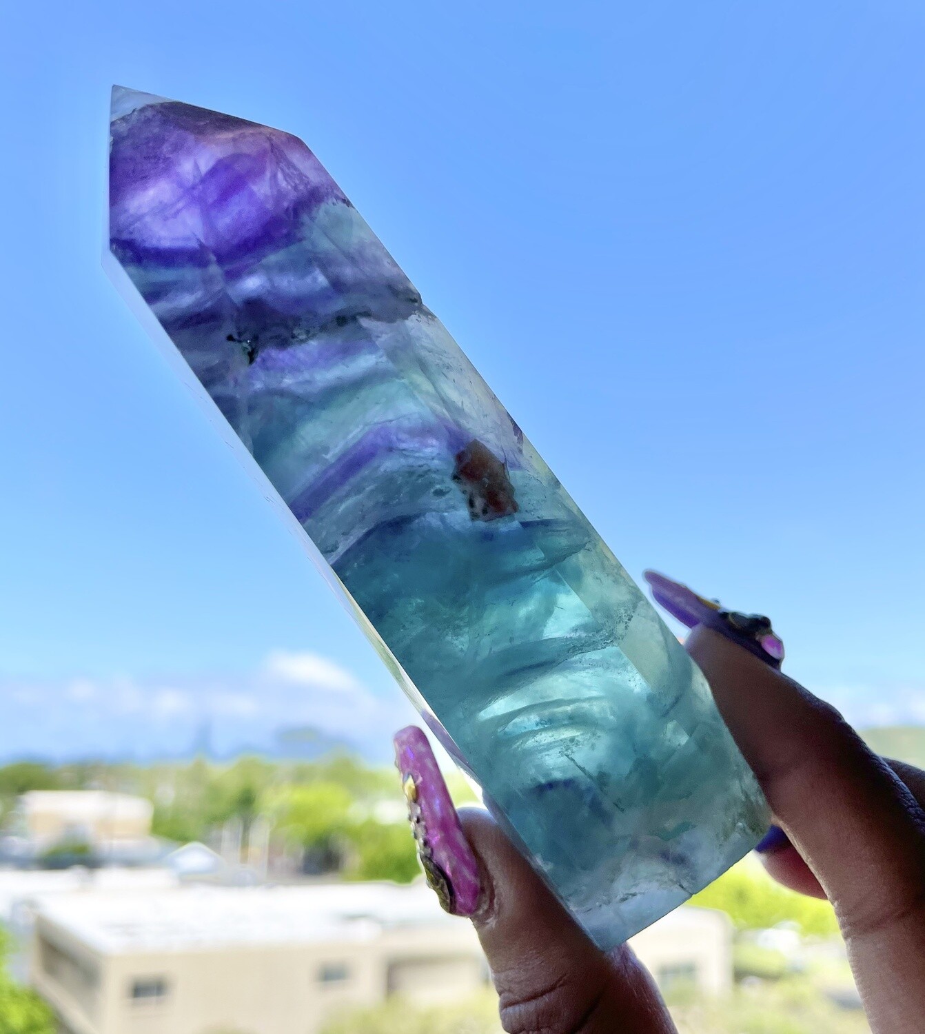 Rainbows and Snowflakes Fluorite Tower with Snowflake Dendrites