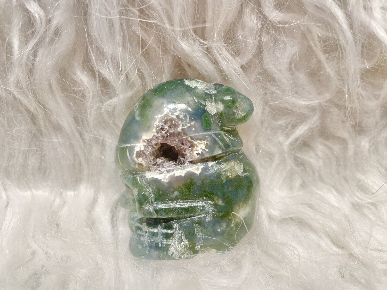 Bashed Moss Agate Druzy Skull