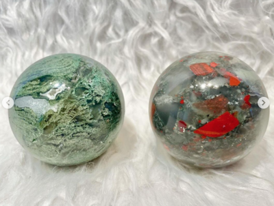 Plant Globe Moss Agate and Bloodstone Spheres