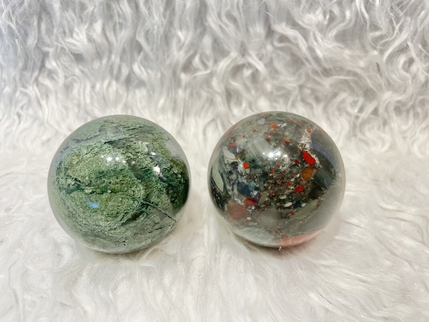 Plant Globe Moss Agate and Bloodstone Spheres