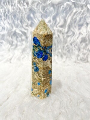 Blue Stained Wood Blue Apatite in Yellow Jasper Tower