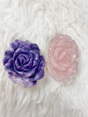 Roses in Bloom: Lepidolite and Rose Quartz Rose Carvings