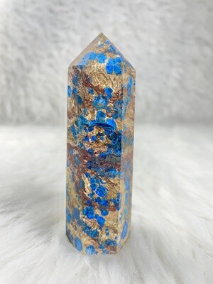 Woodpecker Blue Apatite in Yellow Jasper Tower