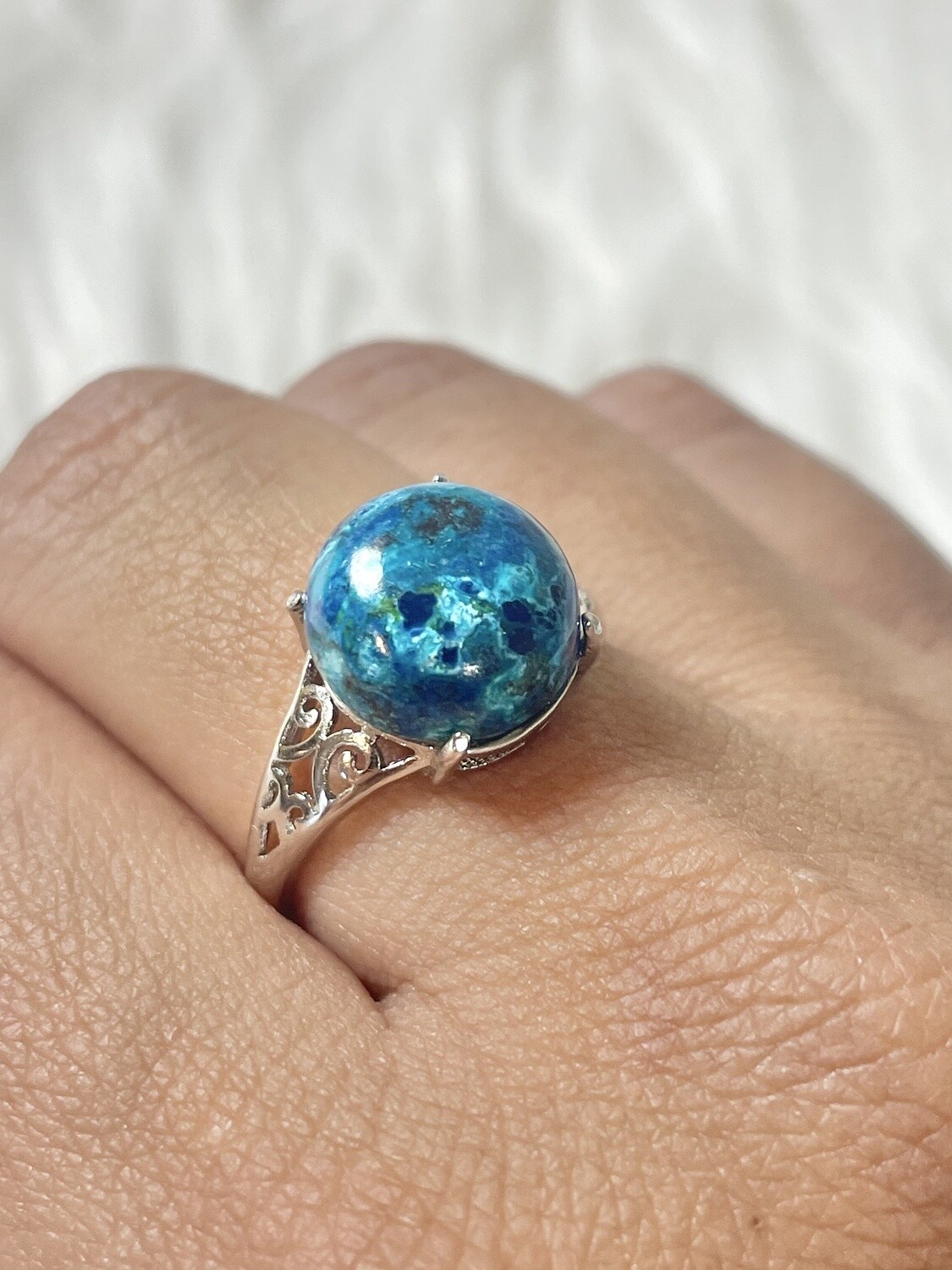 Chrysocolla on Silver Fleur Ring