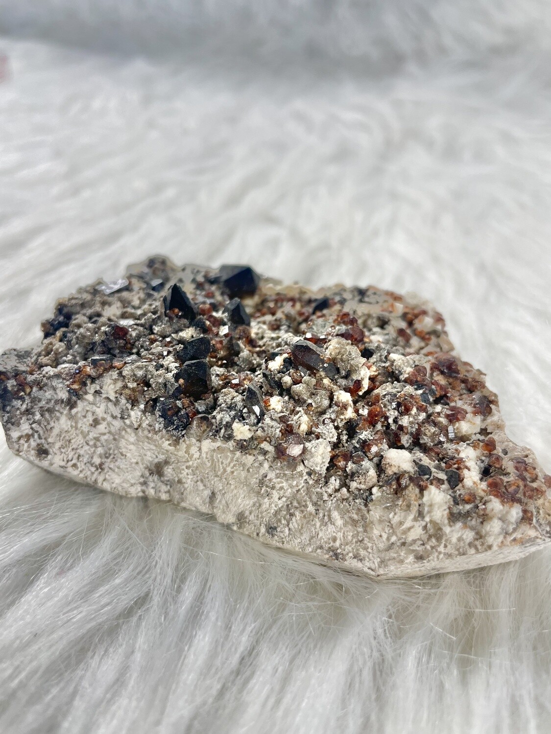Alien Glow Garnet with Smoky Quartz and Hyalite Opal Specimen