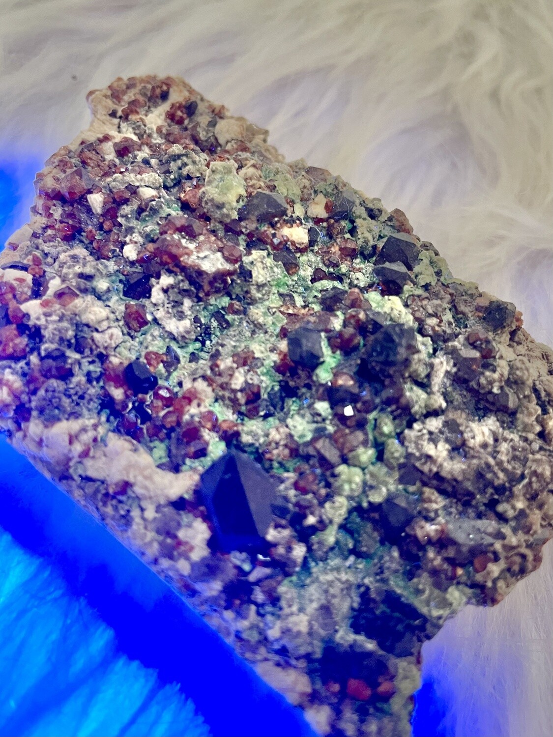 Alien Glow Garnet with Smoky Quartz and Hyalite Opal Specimen