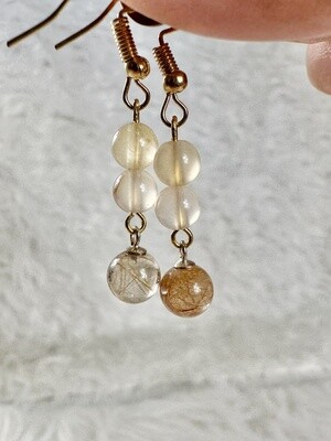 Goddess Golden Rutile and White Agate Earrings