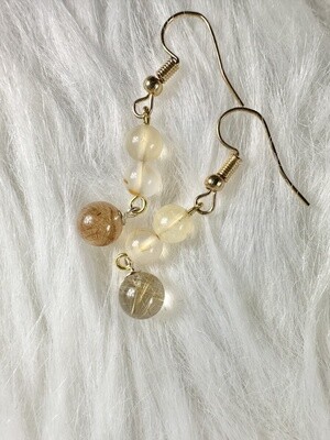 Goddess Golden Rutile and White Agate Earrings