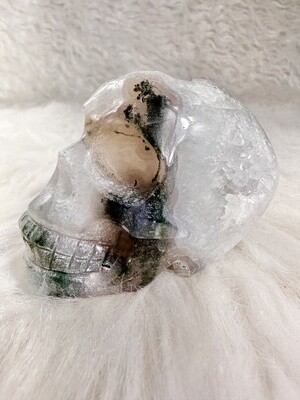 Pirate Treasure Moss Agate Skull with Quartz Druzy
