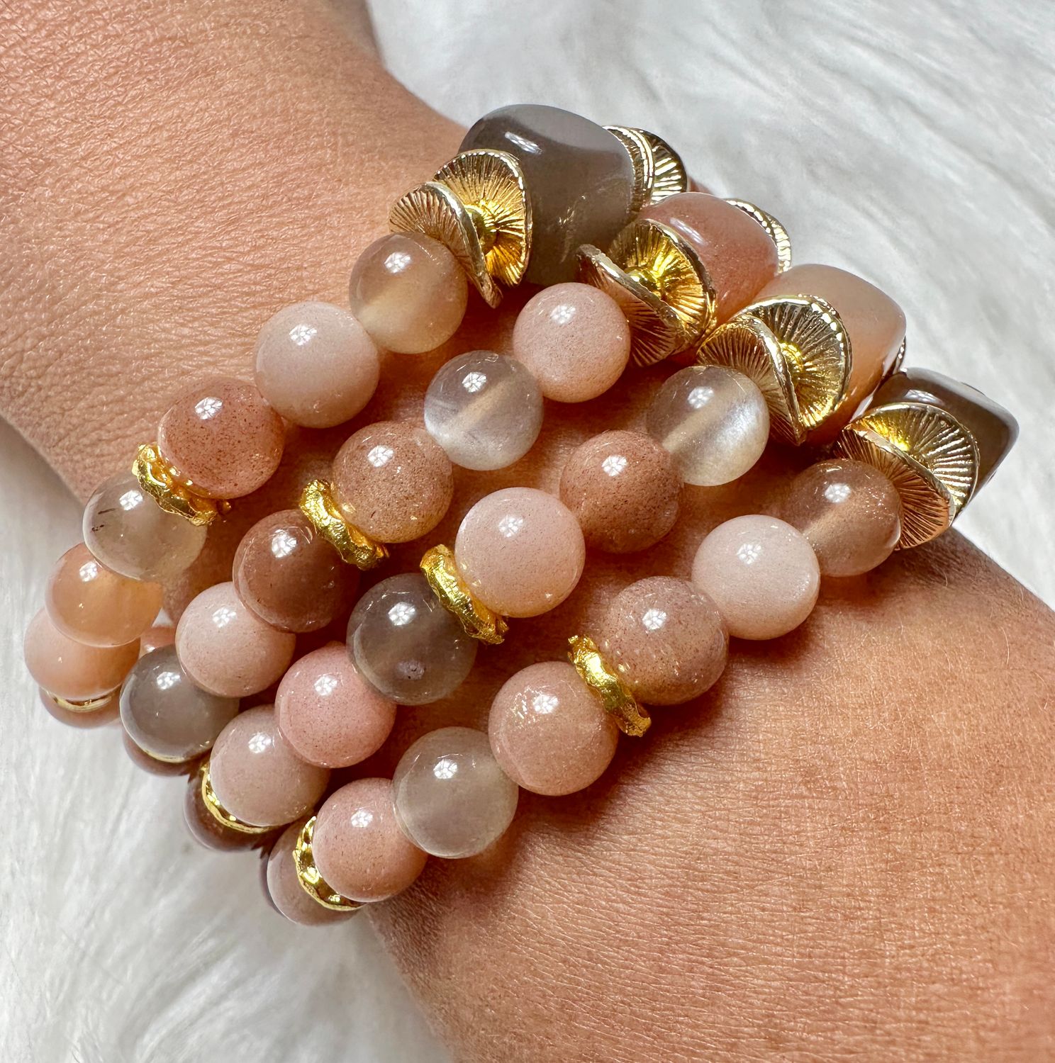 Peach Moonstone Bracelet with 14k Gold Clam Shells