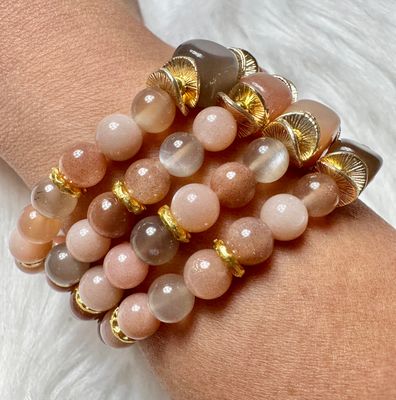 Peach Moonstone Bracelet with 14k Gold Clam Shells