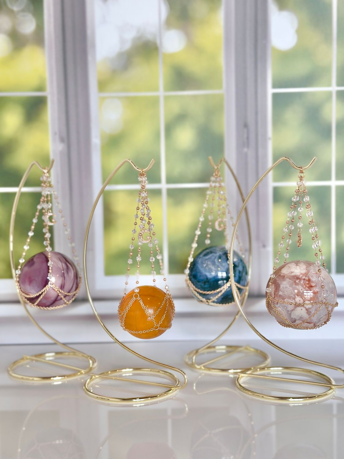 Moonlit Cradle Clear Quartz and Gold Beaded Sphere Holders